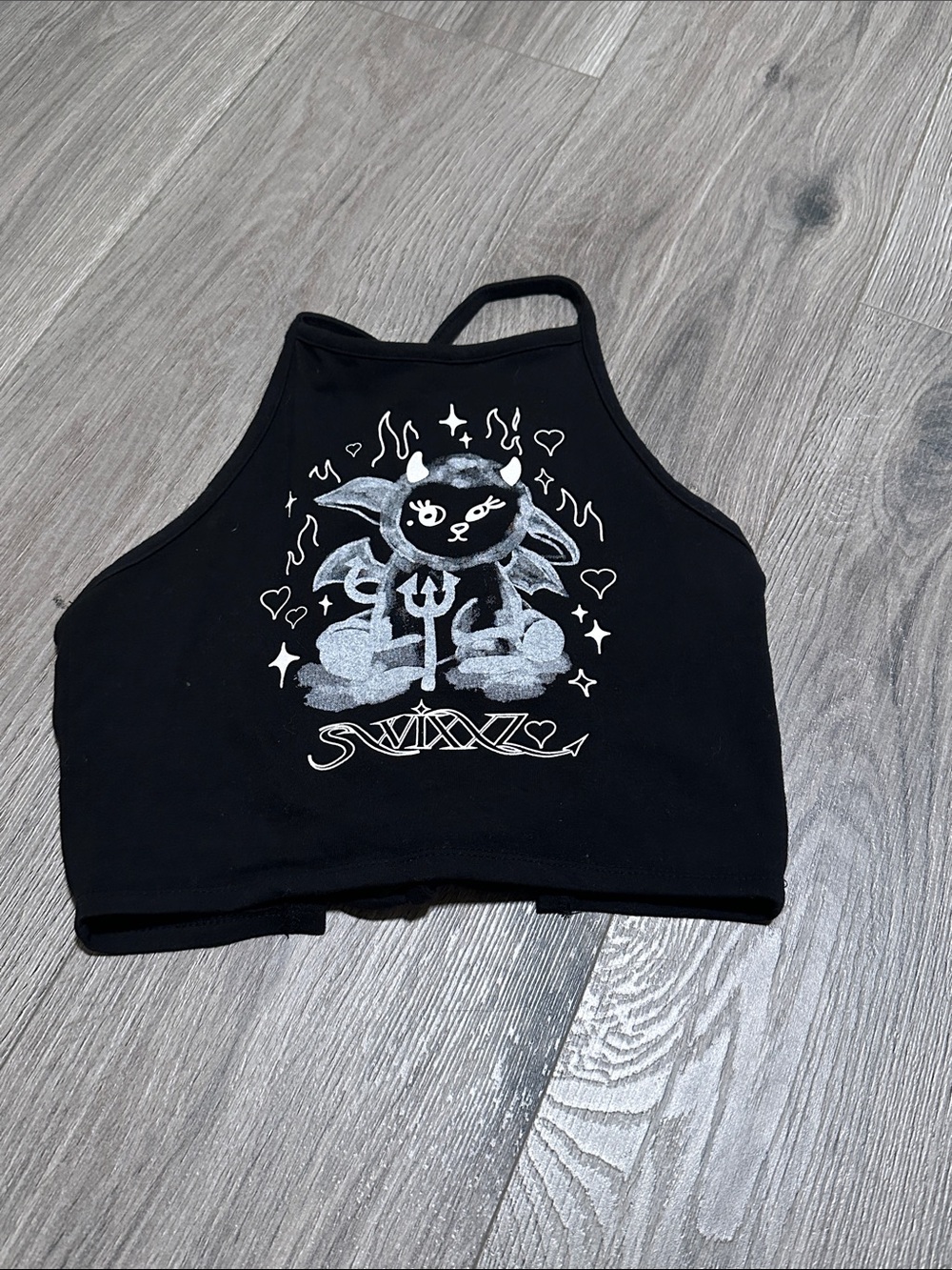 Swixxz Black Graphic Halter Crop Top with Silver Devil Cat Print